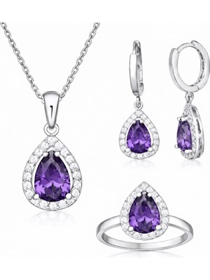 DMR Elegance Gümüş Mor Zirkon Taşlı Damla Kadın Set