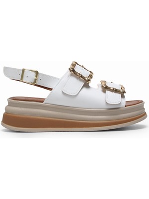 Tonny Black Kadın Beyaz Rahat Kalıp Yüksek Taban Tokalı Sandalet