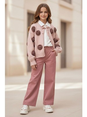 Miniğimin Cicileri 3D Gül Aplikeli Triko Hırkalı Gömlekli Kız Çocuk 3 Lü Kombin Takım - Pudra