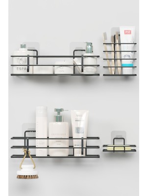 Feyza Design Pratik Metal Banyo Seti: Duş Rafı, Sabunluk ve Diş Fırçalık