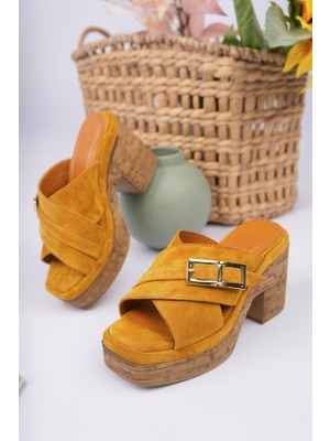Sy Leather Tilda Model Hakiki Deri Çapraz Bant Toka Detaylı Platform Kalın Topuklu Kadın Terlik