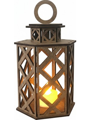 Vera Atölye Altı Köşe Ahşap Kandil & Fener - LED Mum Hediyeli