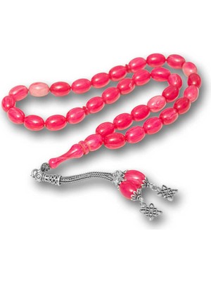 DMR Elegance Gümüş Püsküllü Pembe Sıkma Kehribar Tesbih