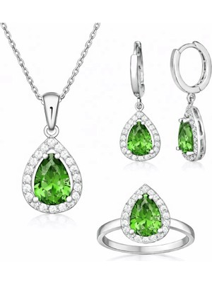 DMR Elegance Gümüş Yeşil Zirkon Taşlı Damla Kadın Set