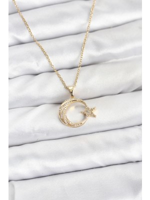 Ayder Timya 316L Çelik Zincir Gold Renk Ay Yıldız Model Zirkon Taşlı Kadın Kolye - TJ-BKO10905 TG/Tmy229428