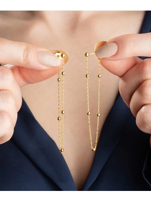 DMR Elegance Gümüş Çift Zincirli Gold Top Detaylı Kadın Küpe