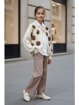 Miniğimin Cicileri 3D Gül Aplikeli Triko Hırkalı Gömlekli Kız Çocuk 3 Lü Kombin Takım - Krem