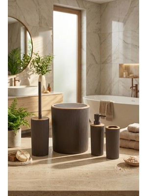 Feyza Design Şık Ahşap Detaylı 4'lü Banyo Seti, Modern Çizgili Tasarım