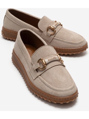 Ccway Kaydırmaz Kadın Tokalı Loafer Ayakkabı BEJ SÜET