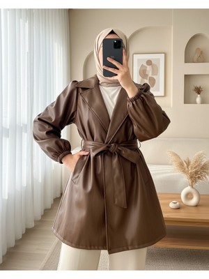 Modamorfo Çift Cepli Düğmeli Kolu Lastikli Deri Kap  -Taba