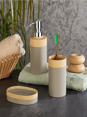 Feyza Design Bambu Desenli 3'lü Banyo Seti, Sıvı ve Katı Sabunluklar