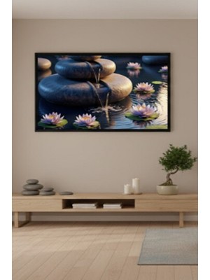 Safir Design Zen Ruhunu Yansıtan Nilüfer Çiçekleri ve Doğal Taşlar Çerçeveli Tablo