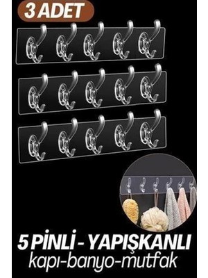 Ciyu Ticaret Yapışkan Askı 5'li Şeffaf Yapışkan Askılık Kapı Arkası Duvar Yapışkanlı Askı ( 3 Adet ) Set