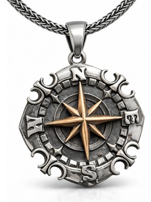 DMR Elegance Gümüş Oksitli Pusula Erkek Kolye