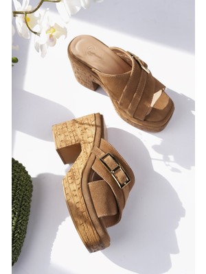 Sy Leather Tilda Model Hakiki Deri Çapraz Bant Toka Detaylı Platform Kalın Topuklu Kadın Terlik