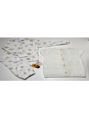 vitvit 1-2 Yaş El Örgüsü Beyaz Yelek, Pijama Takımı ve 2 Adet El Işi Toka