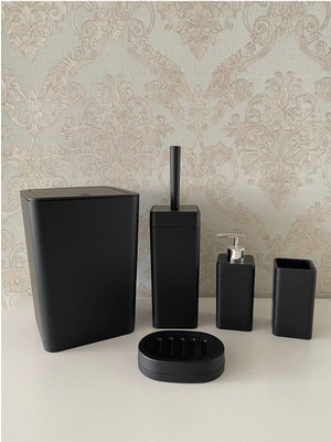 Feyza Design 5 Parça Siyah Kare Banyo Seti: Wc Fırçalık, Sabunluk, Çöp Kovası, Diş Fırçalık