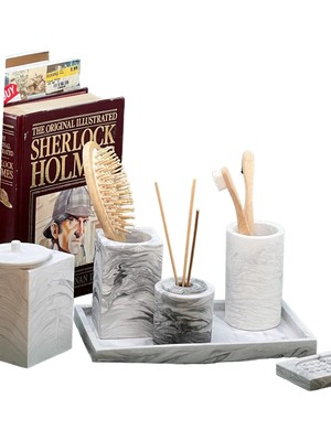 Feyza Design 7 Parça Mermer Desenli Beton Banyo ve Wc Seti Takımı