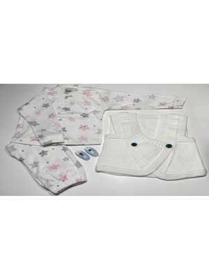 vitvit 1-2 Yaş El Örgüsü Beyaz Yelek, Pijama Takımı ve 2 Adet El Işi Toka