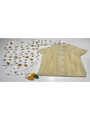 vitvit 2 Yaş El Örgüsü Sarı Yelek, Zıbın ve 2 Adet El Işi Tasarım Toka