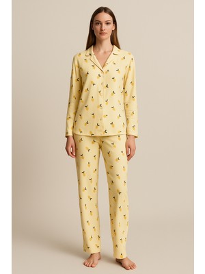 Bony Socks Limon Desen Süet Kadın Pijama Takım Sarı