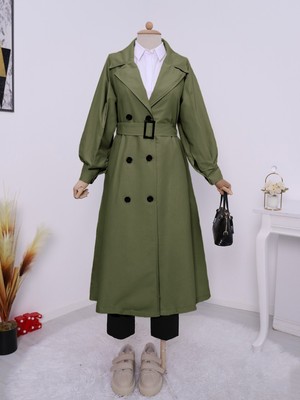 Modamorfo Balon Kol Tokalı Kemerli Yan Cepli Trençkot    -Haki