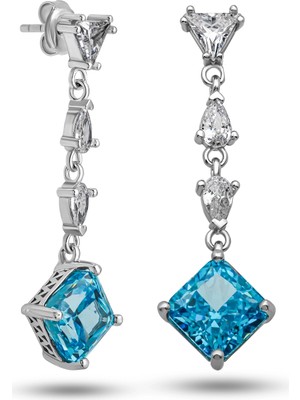 DMR Elegance Gümüş Ice Cut Mavi Zirkon Taşlı Işıltılı Kadın Küpe