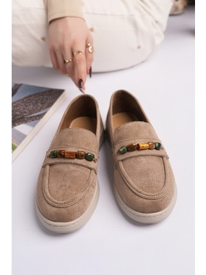Muggo Aureva Boncuk Detaylı Süet Kadın Günlük Loafer Ayakkabı