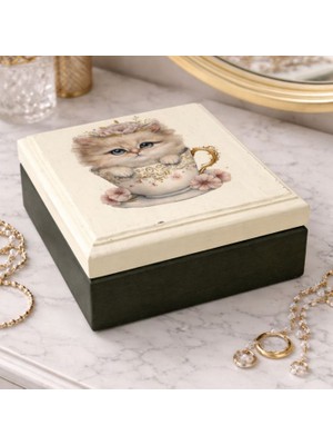 Uretti - Hülya 6683 1758 El Yapımı Nostaljik Retro Kedi Baskılı Kare Ahşap Dekoratif Saklama / Takı Kutusu