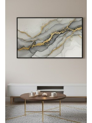 Safir Design Altın Varak Detaylı Modern Soyut Çerçeveli Tablo Antrasit ve Gold Duvar Dekoru