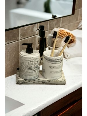 Feyza Design 3'lü Mermer Desen Banyo Seti, Sıvı Sabunluk ve Diş Fırçalığı Takımı