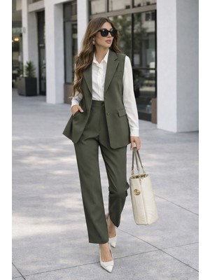 Madame Melek Zr Model Marka Vatkalı Yelek Pantolon Takım - Havuç Pantolon Uzun Yelek Düz Renk Takım