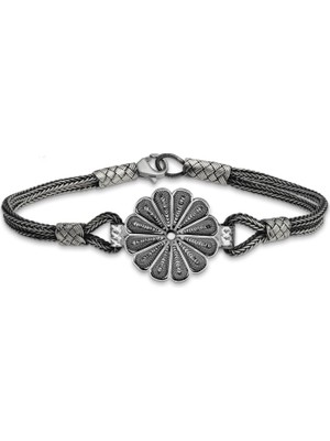 DMR Elegance Gümüş Oksitli Papatya Kazaziye Bileklik