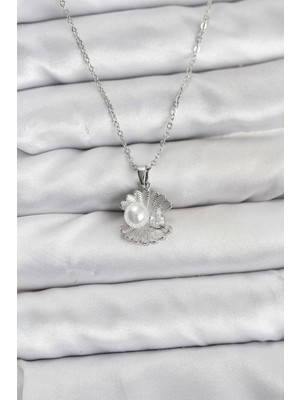 Ayder Timya 316L Çelik Zincir Gümüş Renk İstiridye İnci Model Zirkon Taşlı Kadın Kolye - TJ-BKO10851 TG/Tmy229374