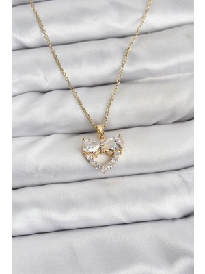 Ayder Timya 316L Çelik Zincir Gold Renk Kalp ve Fiyonk Model Zirkon Taşlı Kadın Kolye - TJ-BKO10848 TG/Tmy229371