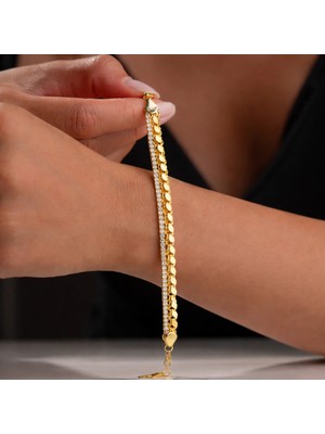 Inure Jewelry Gümüş Gold Pullu Su Yolu Kadın Bileklik