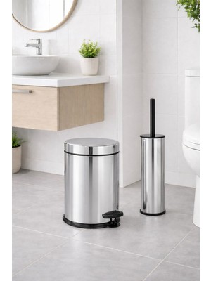 Feyza Design Şık Metal Çöp Kovası ve Tuvalet Fırçası Seti, 3 L, Krom Renk