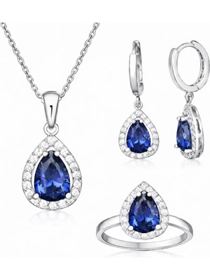 DMR Elegance Gümüş Lacivert Zirkon Taşlı Damla Kadın Set