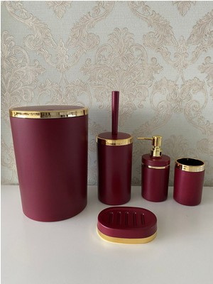 Feyza Design 5 Parça Kırmızı Gold Mat Banyo Seti: Wc Fırçalık, Sabunluk, Çöp Kovası