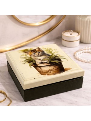 Uretti - Hülya 6683 8131 El Yapımı Nostaljik Retro Kedi Baskılı Kare Ahşap Dekoratif Saklama / Takı Kutusu