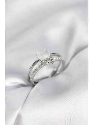 Ayder Timya Gümüş Renk Sedefli Kedi Model Fiyonklu Zirkon Taşlı Kadın Yüzük - TJ-BYK4016 TG/Tmy230257