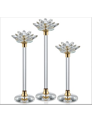 Es Dekor 3'lü Sütunlu Nilüfer Şamdan Altın 28-33-38CM