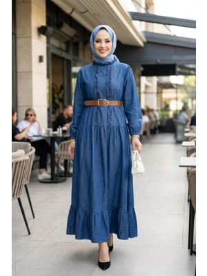 Kadın Fırfır Detaylı Düğmeli Kemerli  Kot Mavi Elbise
