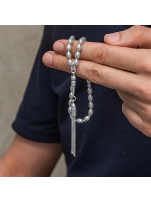 DMR Elegance Gümüş Arpa Kesim Çizgili Erkek Tesbih