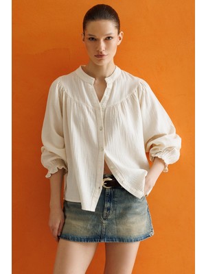 Mixray 4733 Kadın Büzgü Robalı Uzun Kol Müslin Gömlek Naturel
