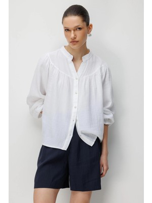 Mixray 4733 Kadın Büzgü Robalı Uzun Kol Müslin Gömlek Beyaz