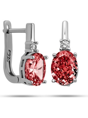 DMR Elegance Gümüş Ice Cut Oval Kırmızı Zirkon Taşlı Kadın Küpe