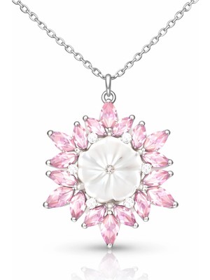 DMR Elegance Gümüş Pembe Lotus Desenli Çiçek Kadın Kolye