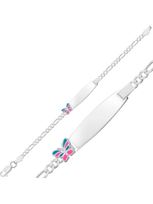 DMR Elegance Kişiye Özel Pembe Mavi Kelebek Figürlü Gümüş Çocuk Künyesi