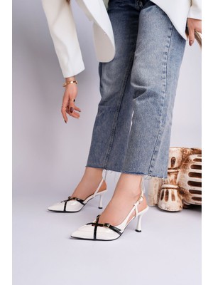 Muggo Icons Sivri Burun Arkası Açık Kemer Detaylı Iki Bantlı Kadın Topuklu Ayakkabı